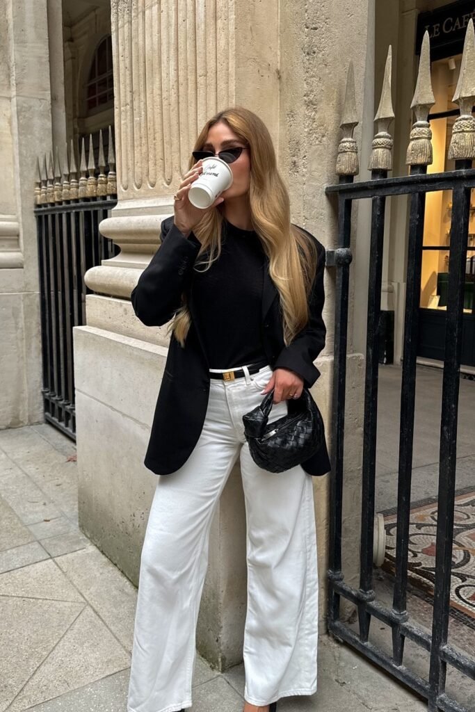 Black Blazer + Black T-Shirt + White Wide-Leg Trousers + Black Woven Mini Bag