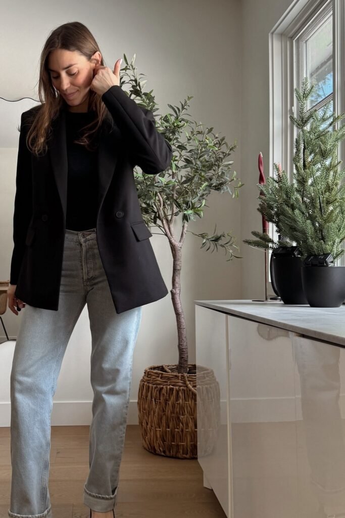 Black Blazer + Black Top + Light Wash Jeans + Black Heels