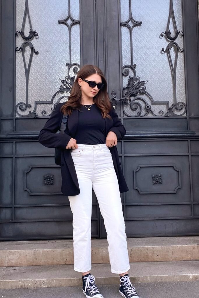 Black Blazer + Black Top + White Straight-Leg Jeans + Black High-Top Converse Sneakers