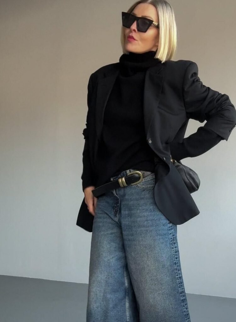 Black Blazer + Black Turtleneck + Light Wash Wide-Leg Jeans + Black Belt