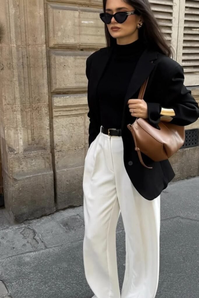 Black Blazer + Black Turtleneck + White Wide-Leg Trousers + Brown Crossbody Bag + Sunglasses