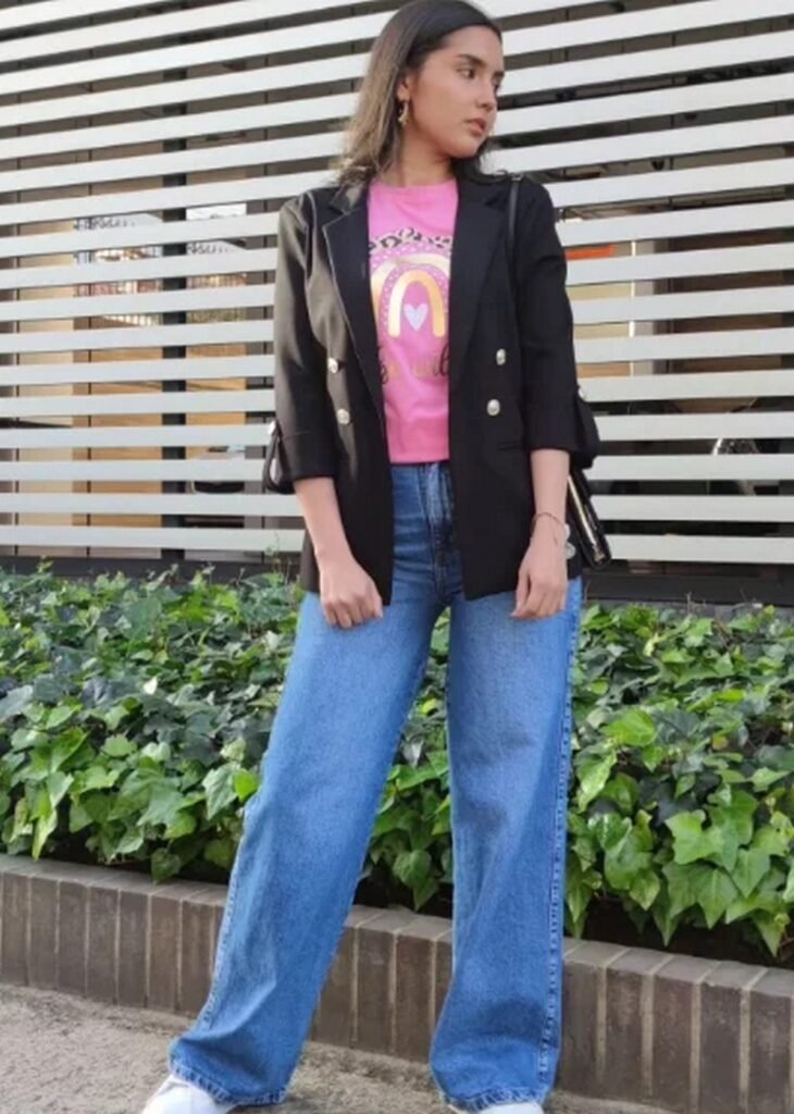 Black Blazer + Pink Rainbow Graphic T-Shirt + Medium Wash Wide Leg Jeans + White Sneakers