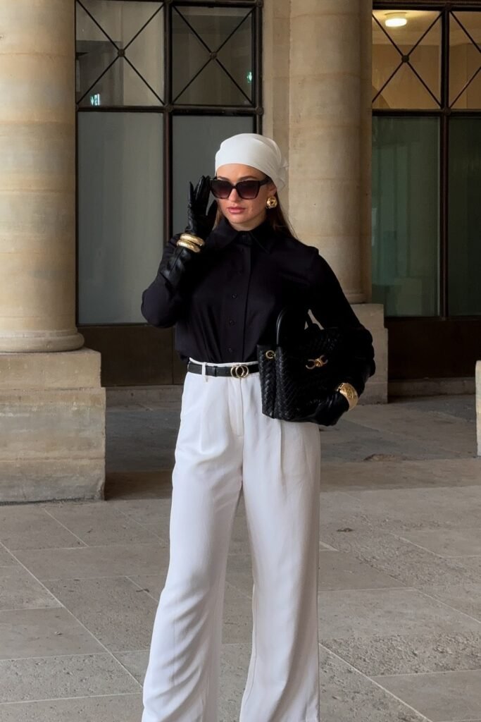 Black Button-Down Shirt + White Wide-Leg Trousers + White Head Scarf + Black Long Leather Gloves