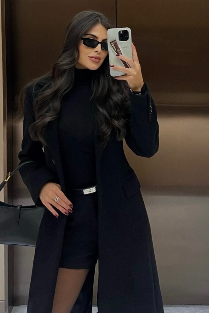 Black Coat + Black Turtleneck Top + Black Shorts + Black Tights