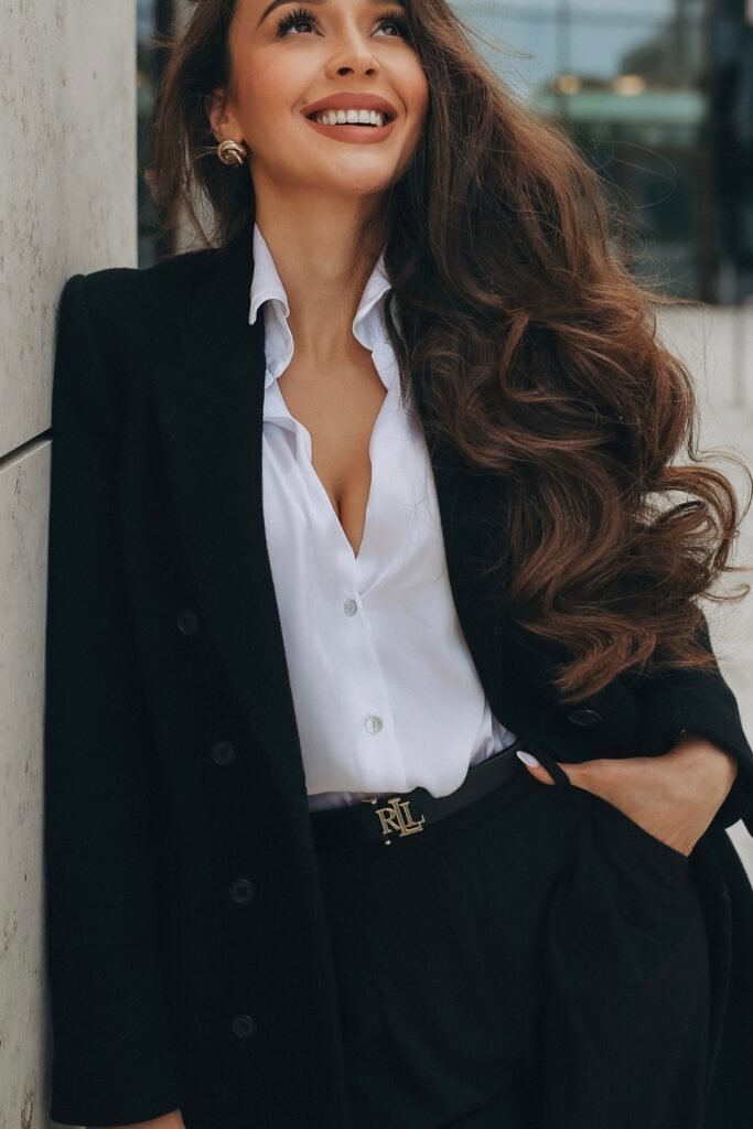 Black Coat/Blazer + White Button-Up Shirt + Black Trousers + Black Belt with Gold Logo Buckle