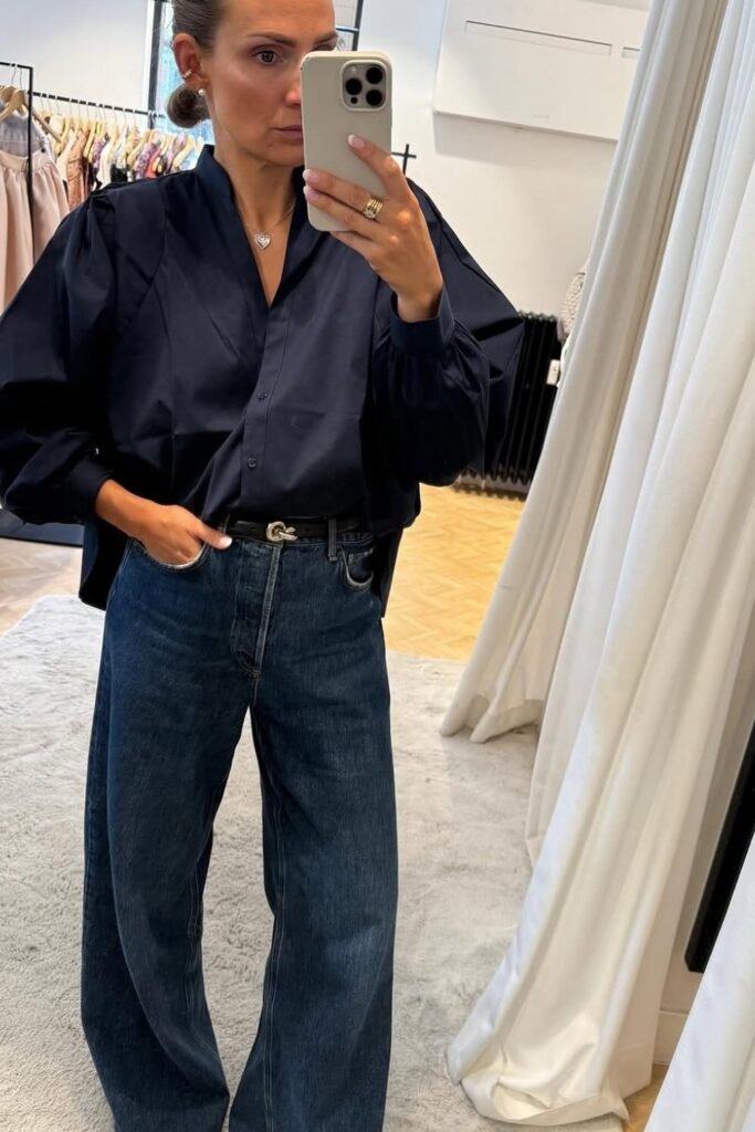 Black Collarless Blouse + Dark Wash Wide Leg Jeans + Black Belt