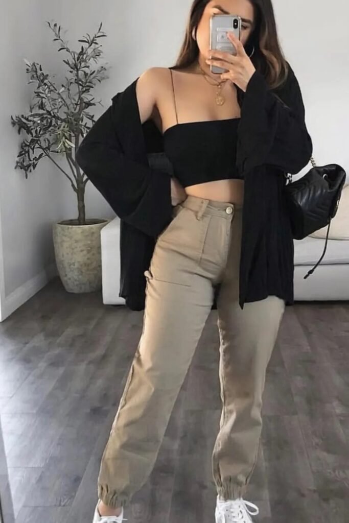 Black Crop Top + Black Kimono/Cardigan + Beige Cargo Joggers + White Sneakers