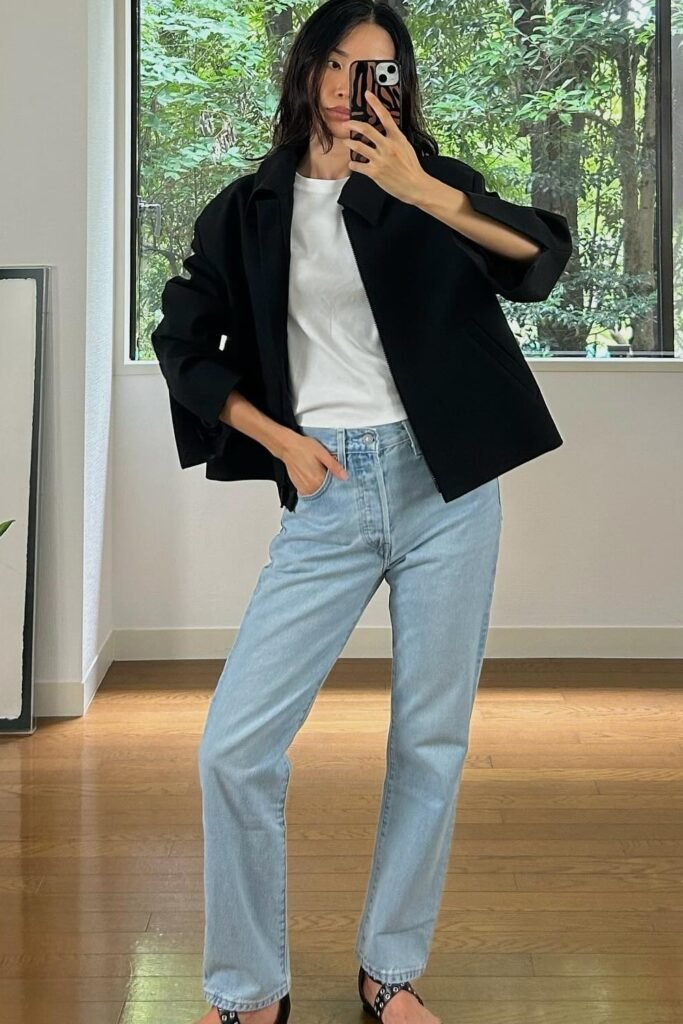 Black Cropped Blazer + White T-Shirt + Light Wash Straight Jeans + Black Sandals