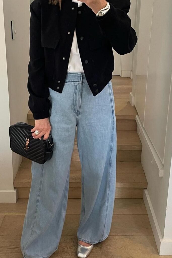 Black Cropped Jacket + White T-shirt + Light Wash Wide-Leg Jeans + Silver Flats