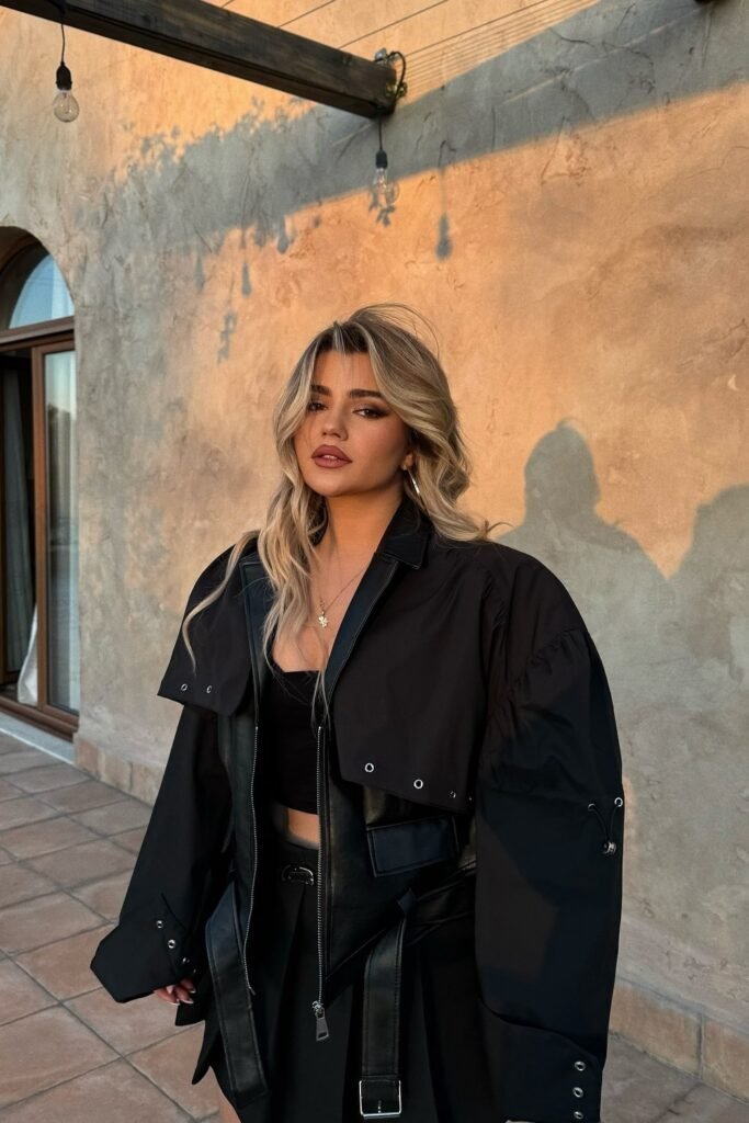 Black Cropped Top + Black Utility Jacket + Black Leather Skirt with Belt Detail