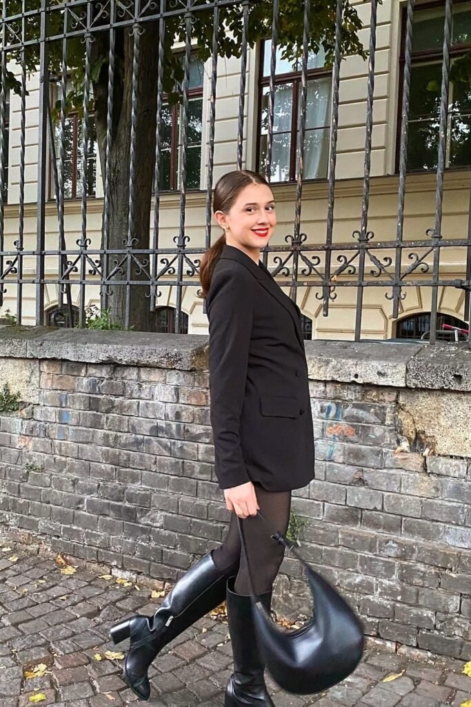 Black Double-Breasted Blazer + Black Mini Skirt/Shorts + Black Tights + Black Knee-High Boots