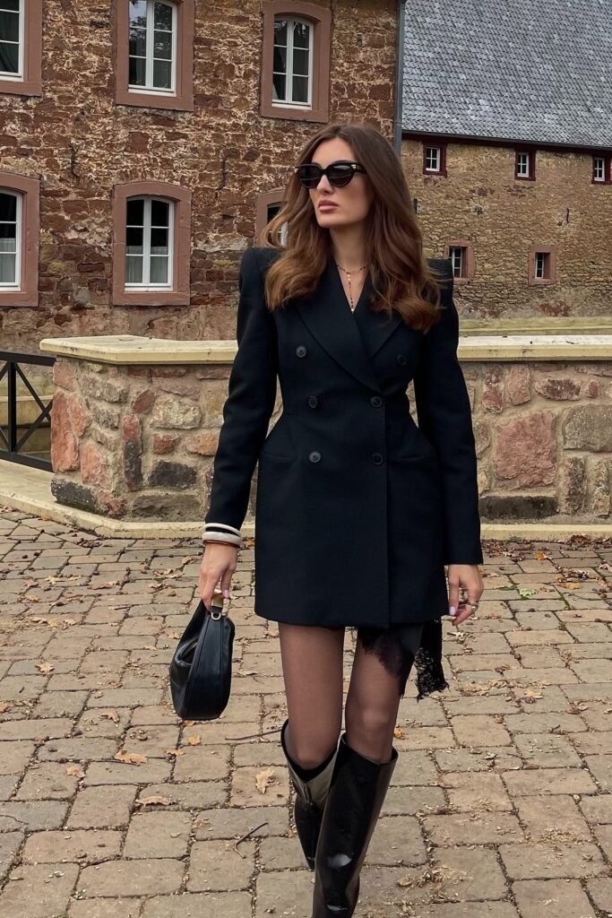 Black Double-Breasted Blazer Dress + Black Sheer Tights + Black Patent Riding Boots + Black Shoulder Bag