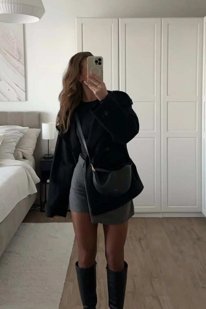 Black Double-Breasted Jacket + Grey Asymmetrical Mini Skirt + Black Knee-High Boots + Black Crossbody Bag