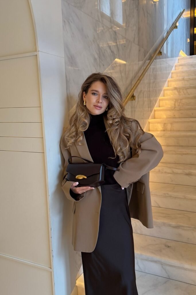 Black Faux Leather Blazer + White Turtleneck Sweater + Black Trousers + Black Boots