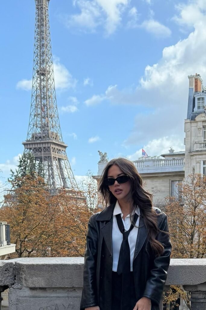 Black Faux Leather Longline Jacket + White Button-Up Shirt + Black Loose Tie