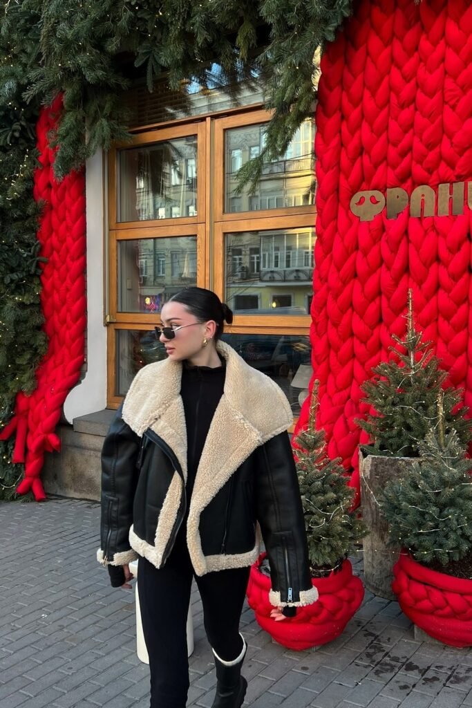 Black Faux Leather Shearling Jacket + Black Turtleneck + Black Leggings