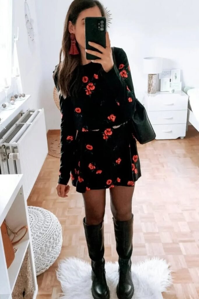 Black Floral Mini Dress with Red Flowers + Black Tights + Black Chunky Knee-High Boots