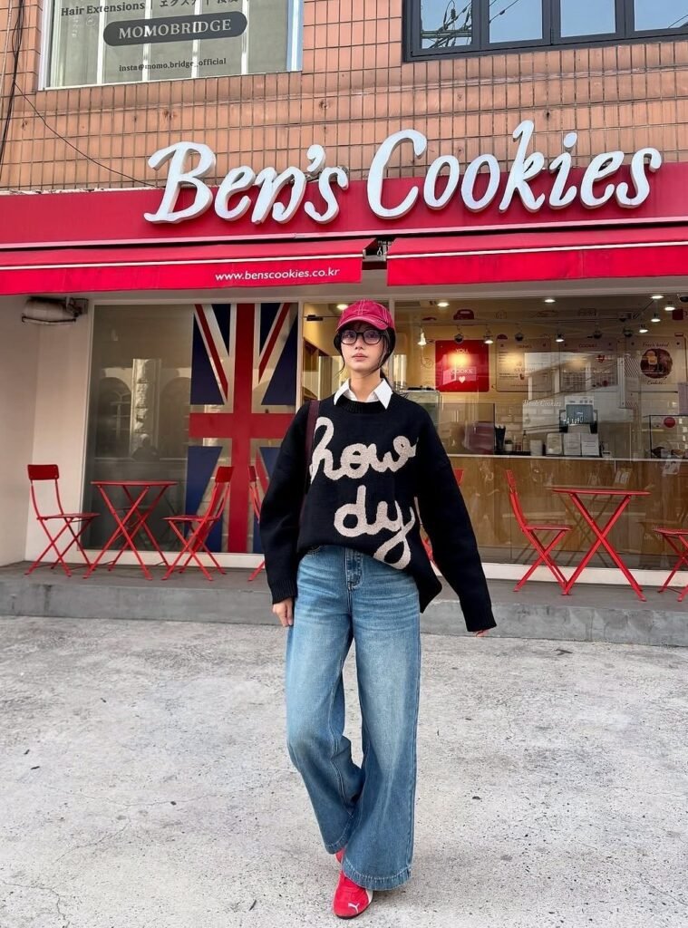 Black Graphic Sweater + White Collared Shirt + Blue Wide-Leg Jeans + Red Shoes + Red Bucket Hat