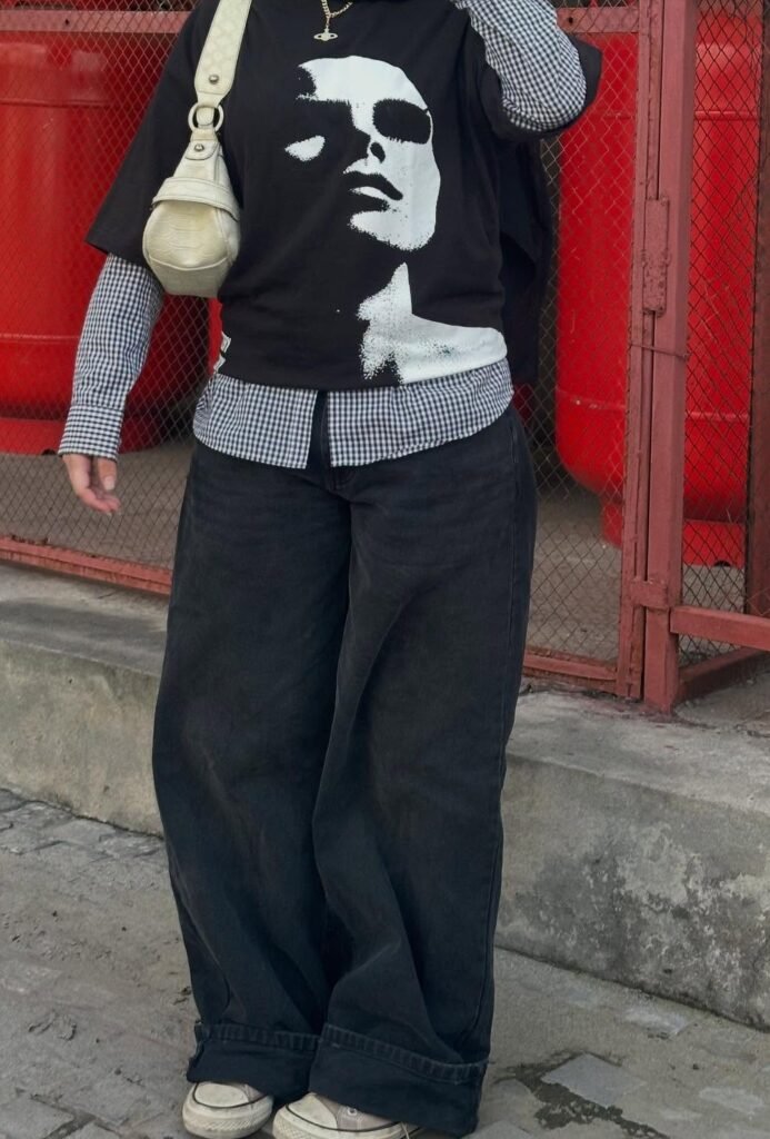 Black Graphic T-shirt + Black Baggy Jeans + Gingham Long Sleeve Shirt