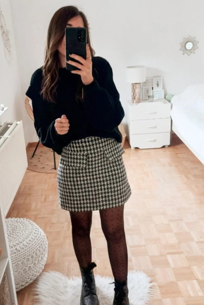 Black Knit Sweater + Black and White Houndstooth Mini Skirt + Polka Dot Tights + Black Combat Boots
