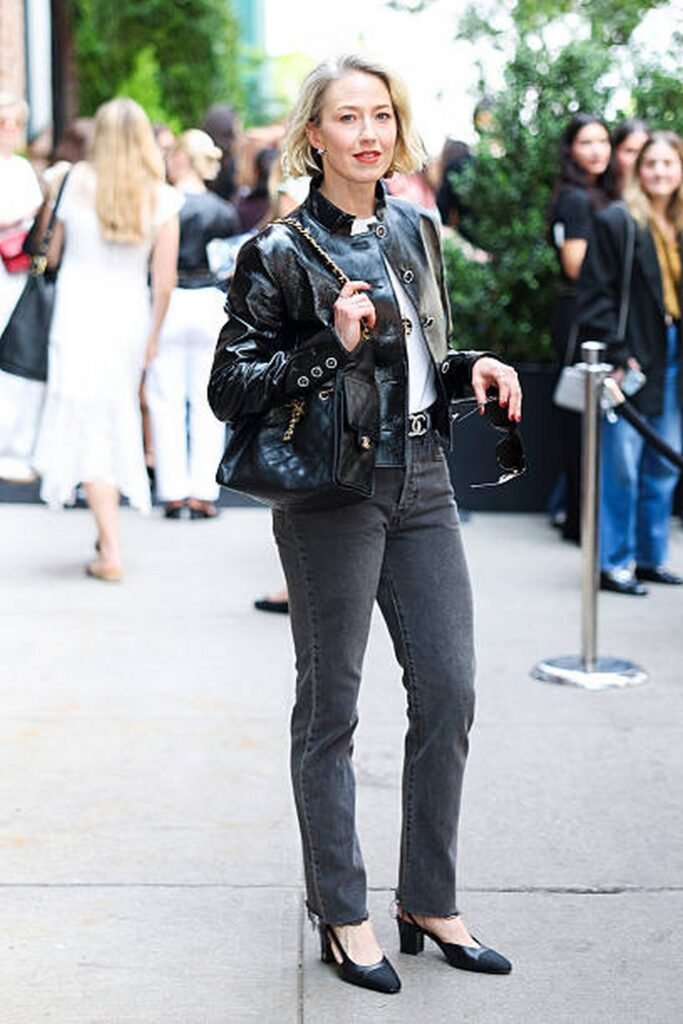 Black Leather Biker Jacket + White T-shirt + Charcoal Straight-Leg Jeans + Black Slingback Heels