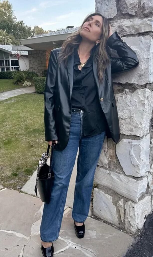 Black Leather Blazer + Black Silk Button-Up Shirt + Medium Wash Straight Leg Jeans + Black Platform Flats + Black Bucket Bag