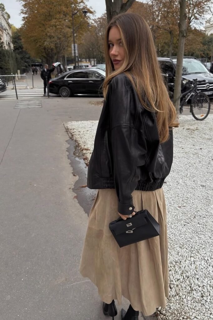 Black Leather Bomber Jacket + Tan Suede Maxi Skirt + Black Mini Handbag