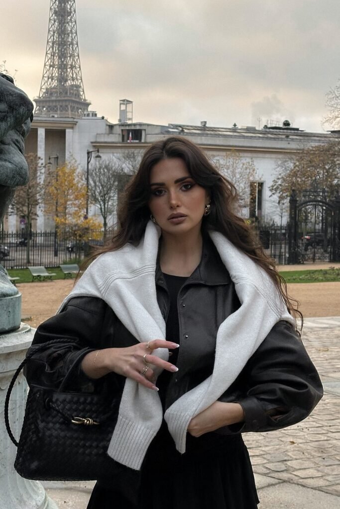 Black Leather Jacket + Black Dress + White Knit Sweater