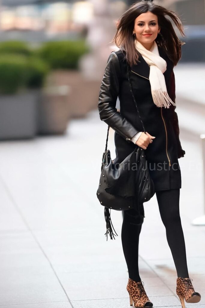 Black Leather Jacket + Black Tights + Leopard Peep-Toe Heels