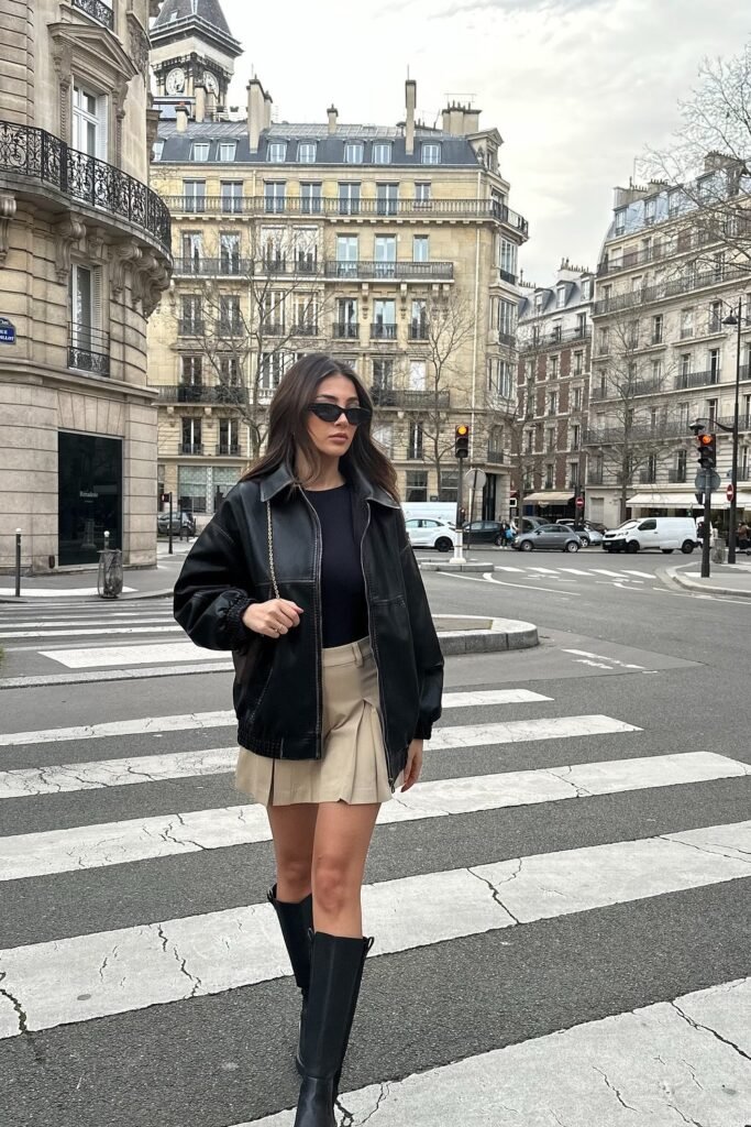 Black Leather Jacket + Black Top + Beige Pleated Mini Skirt + Black Knee Boots + Black Shoulder Bag