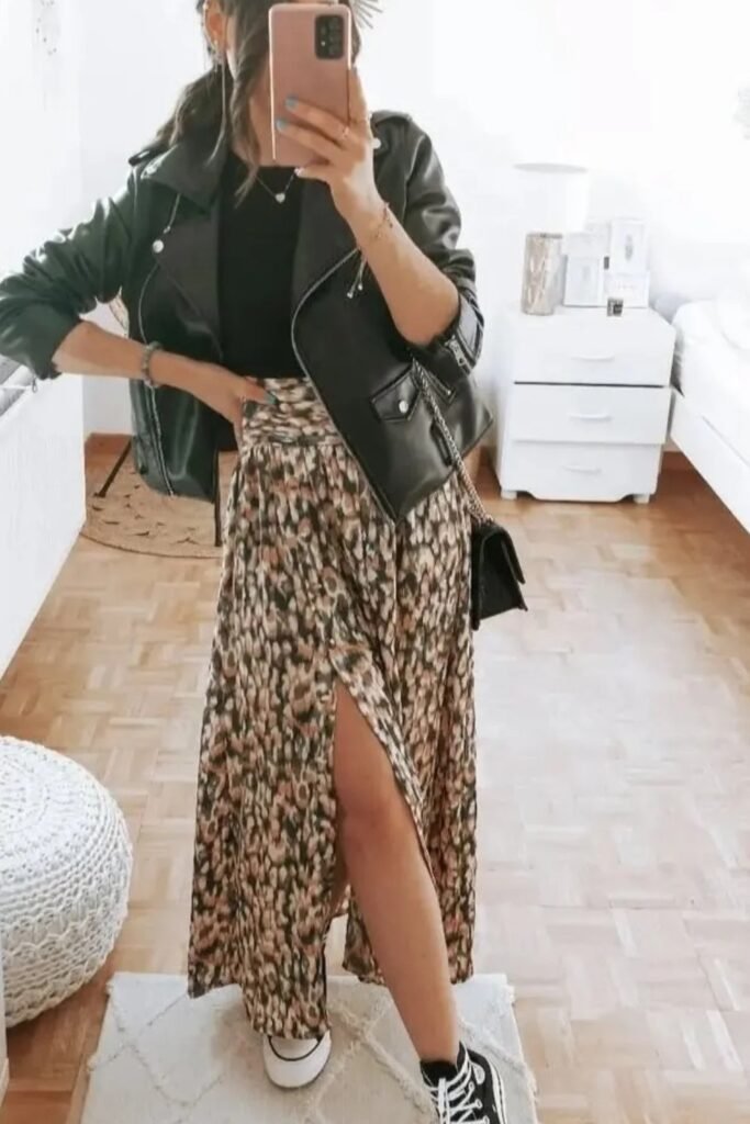 Black Leather Jacket + Black Top + Brown/Black Leopard Print Maxi Skirt with Slit + Black and White Platform Sneakers