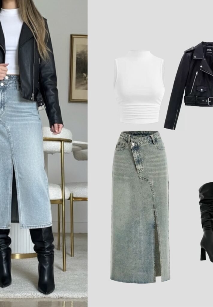 Black Leather Jacket + White Crop Top + Denim Midi Skirt + Black Slouchy Boots