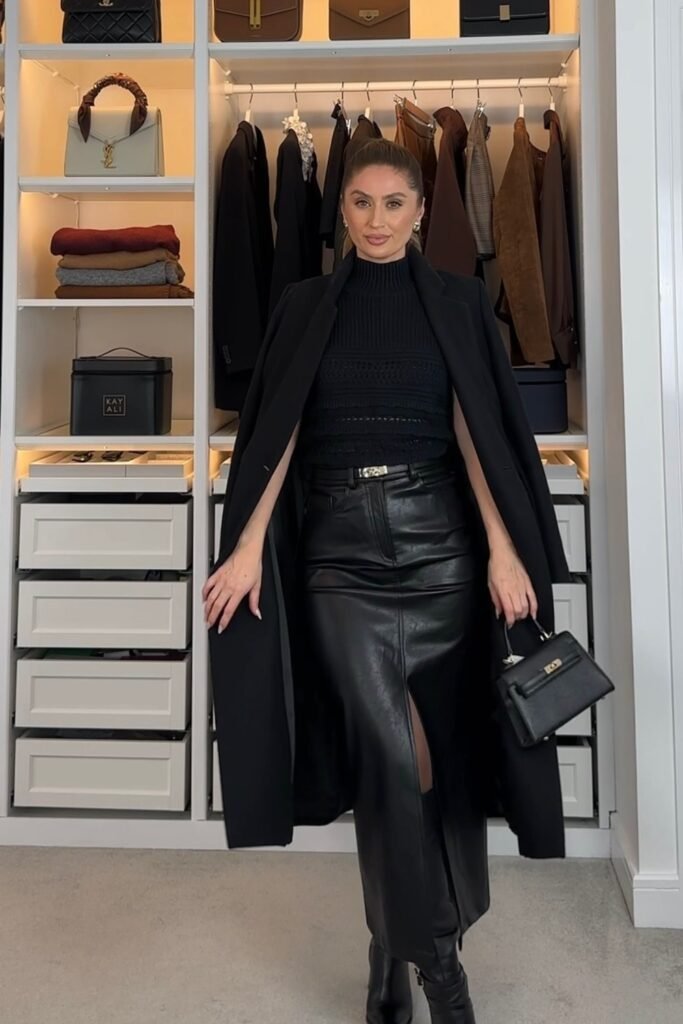 Black Long Coat + Black Knit Turtleneck Top + Black Faux Leather Slit Maxi Skirt + Black Boots