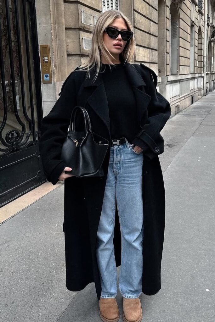 Black Long Coat + Black Sweater + Light Wash Straight-Leg Jeans + Tan Ugg Boots
