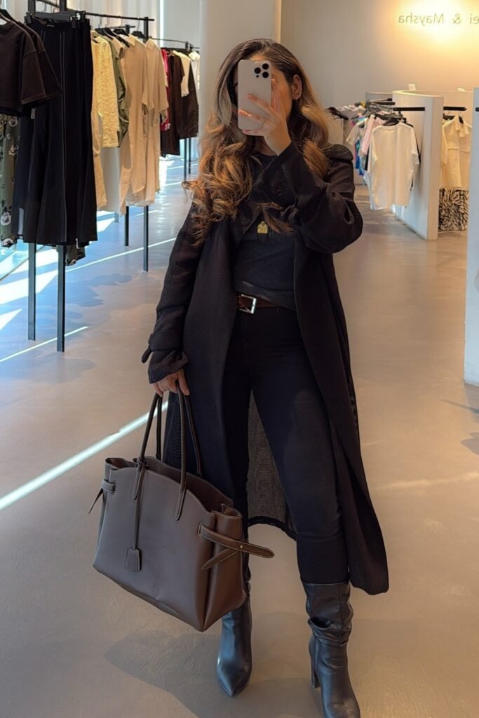 Black Long Coat + Black Top + Black Skinny Jeans + Black Ankle Boots