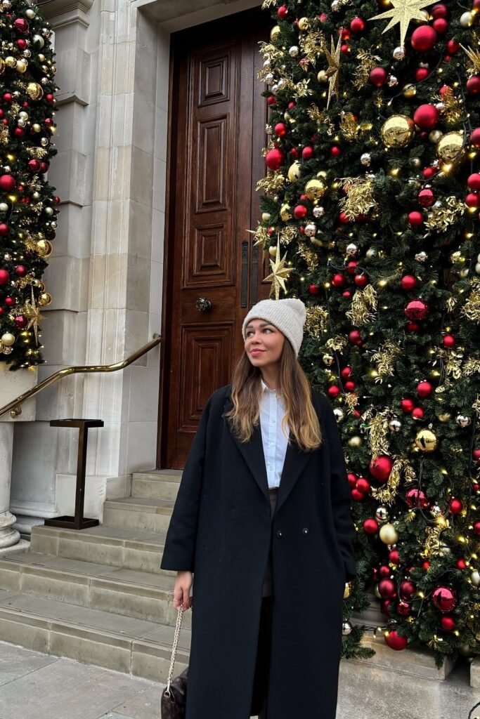 Black Long Coat + White Button-Down Shirt + White Knit Beanie