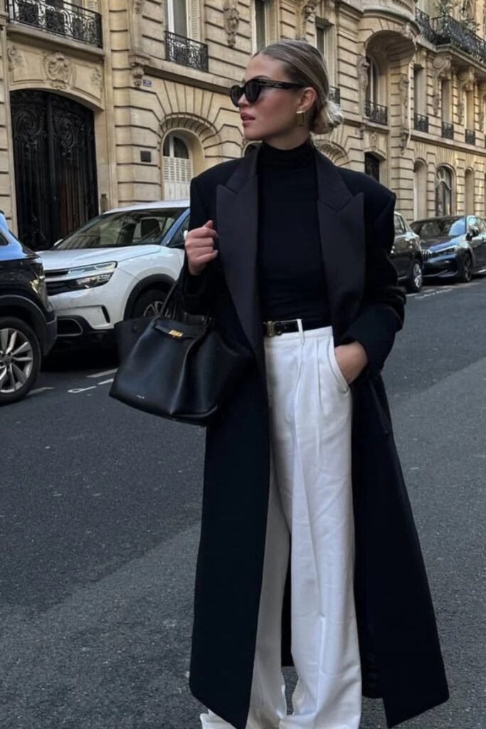 Black Long Coat with Satin Lapels + Black Turtleneck + White Wide-Leg Trousers + Black Belt + Black Tote Bag