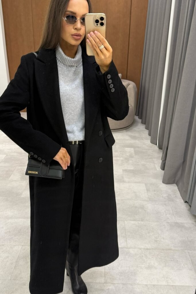 Black Long Wool Coat + Grey Turtleneck Sweater + Black Trousers + Black Mini Crossbody Bag