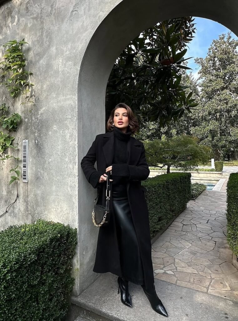 Black Longline Coat + Black Knit Turtleneck + Black Faux Leather Skirt + Black Ankle Boots