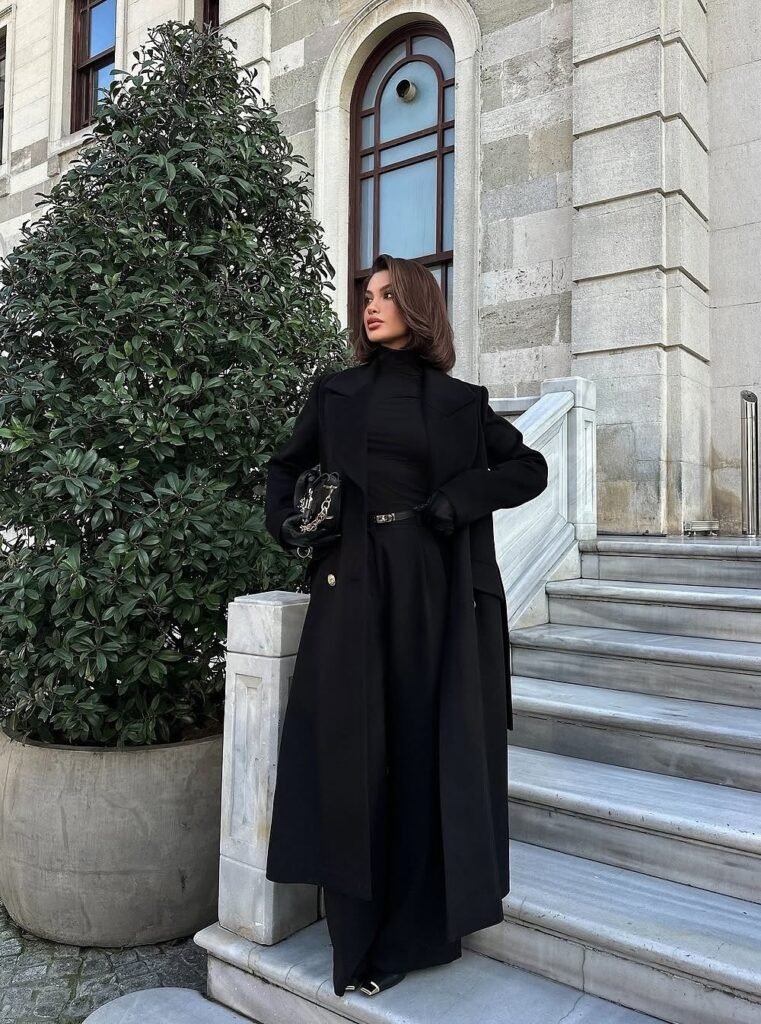 Black Longline Wool Coat + Black Turtleneck + Black Wide-Leg Trousers + Black Belt