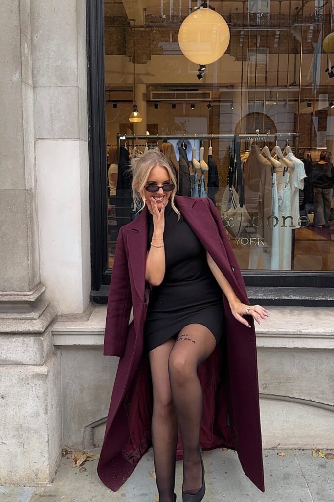 Black Mini Dress + Burgundy Long Coat + Sheer Black Tights + Black Heels