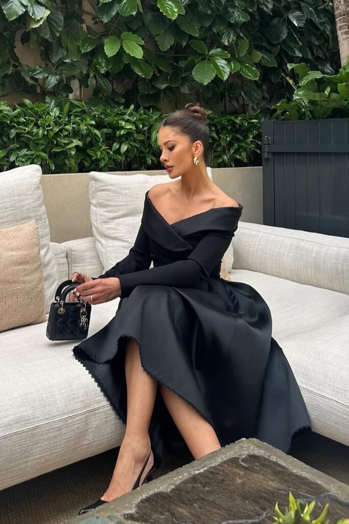 Black Off-Shoulder Midi Dress + Black Slingback Heels + Black Dior Mini Bag + Gold Hoop Earrings