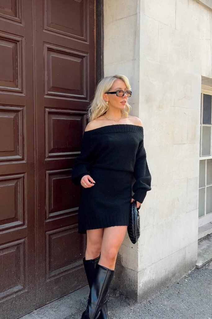 Black Off-the-Shoulder Sweater Dress + Black Knee-High Boots + Black Crocodile-Embossed Handbag