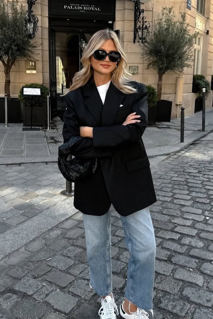 Black Oversized Blazer + White T-shirt + Light Wash Straight-Leg Jeans + White Sneakers