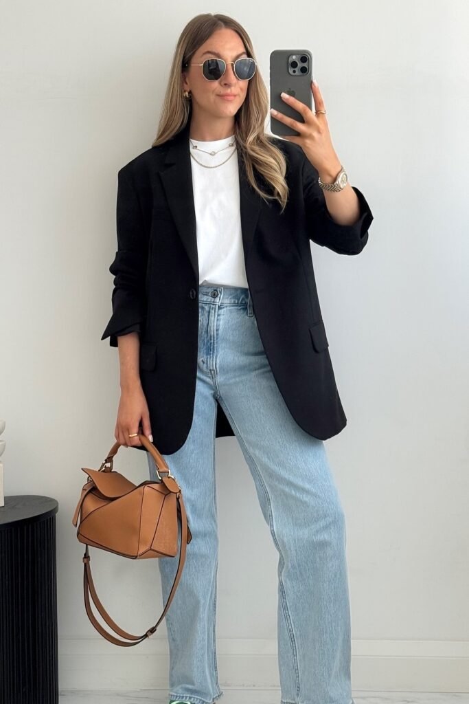 Black Oversized Blazer + White T-shirt + Light Wash Straight-leg Jeans + Tan Handbag