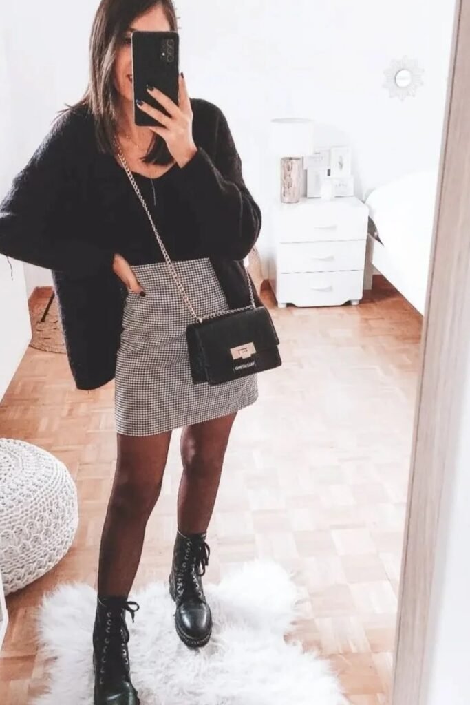 Black Oversized Cardigan + Gingham Mini Skirt + Black Tights + Black Combat Boots