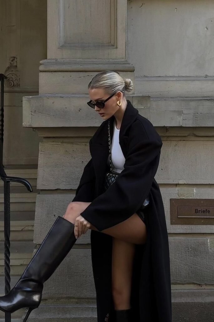 Black Oversized Coat + White Tank Top + Black Knee-High Boots