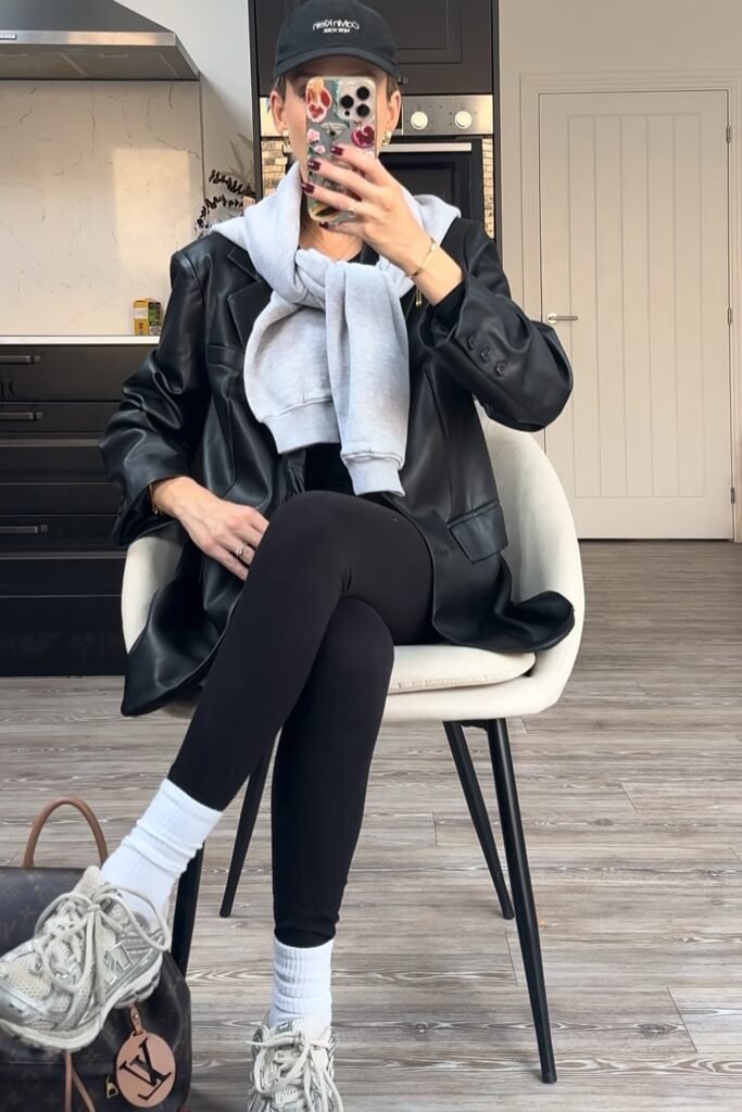 Black Oversized Faux Leather Blazer + Black Tank Top/Top + Black Leggings + Grey Sweatshirt Scarf