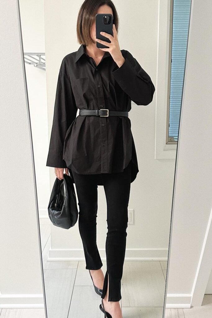 Black Oversized Shirt + Black Belt + Black Split Hem Skinny Pants + Black Heels