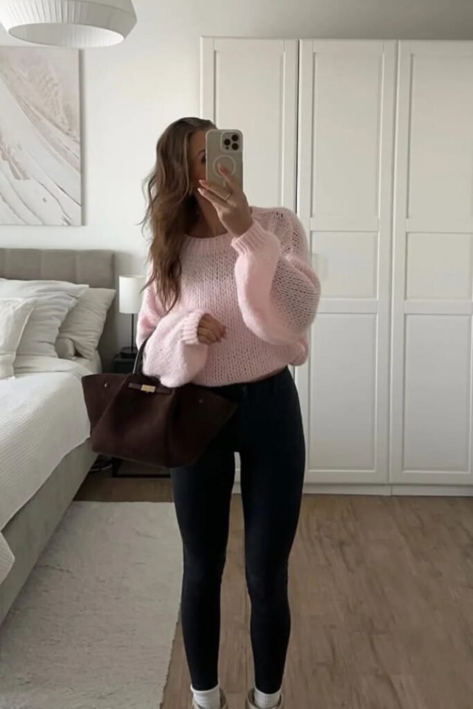 Black Padded Bomber Jacket + Pink High-Neck Sweater + Black Trousers + White Sneakers